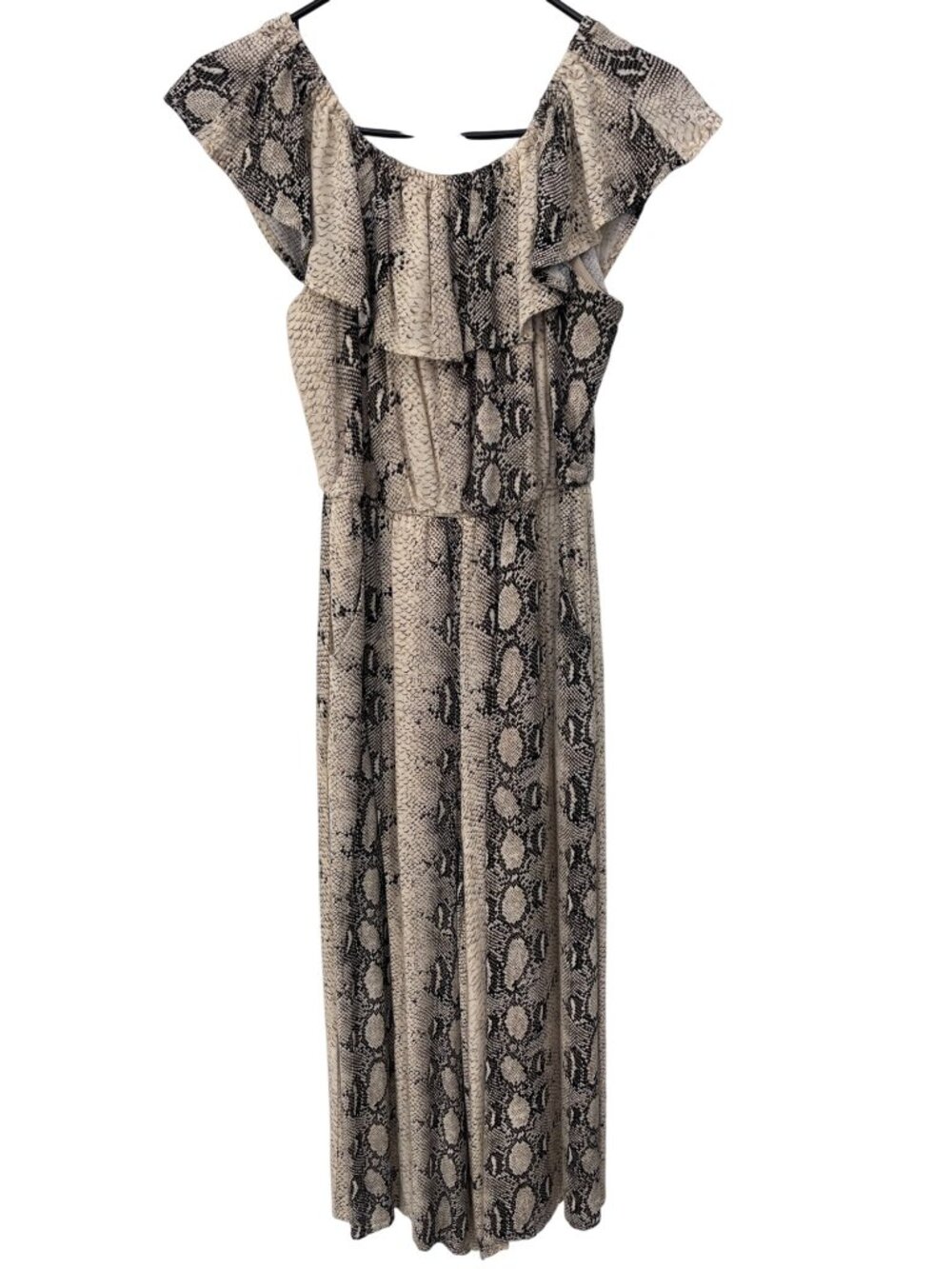 Leela & Lavender Jumpsuit Medium Ruffle Neck Off Shoulder Snakeskin Wide Leg Tan